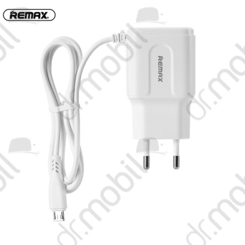Hálózati töltő Remax RP-U22 Pro hálózati adapter, 2XUSB, beépített microUSB kábel, fehér